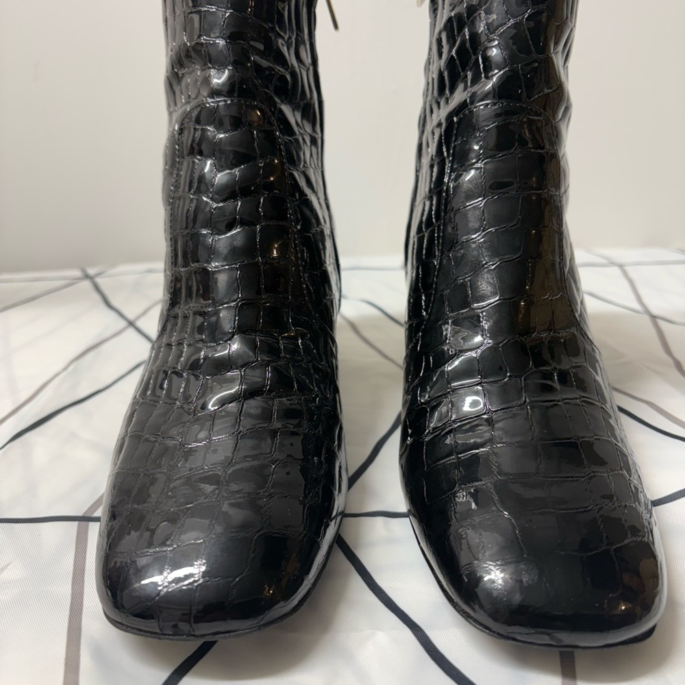 Karen Millen Black Croc-Embossed Patent Ankle Boots